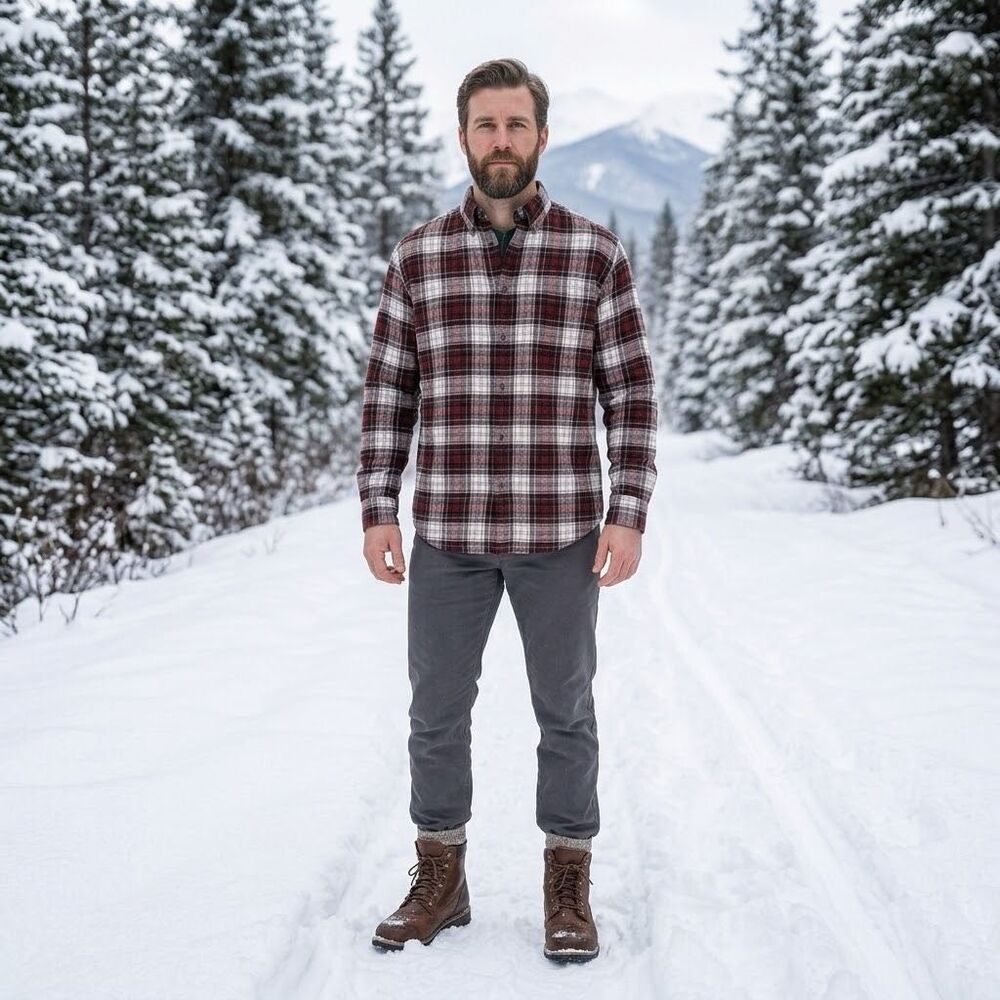 Croft & barrow men L button down plaid flannel shirt burgundy brown & white